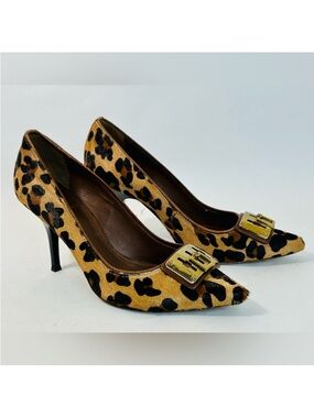 Tory Burch Celina Leopard Print Calf Hair Pumps, Pointed Toes, Gold Logo, sz 8.5